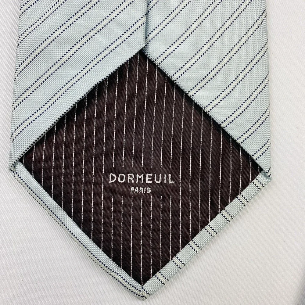 DORMEUIL Paris Light Blue White Striped Pure Silk Tie Size 3.75